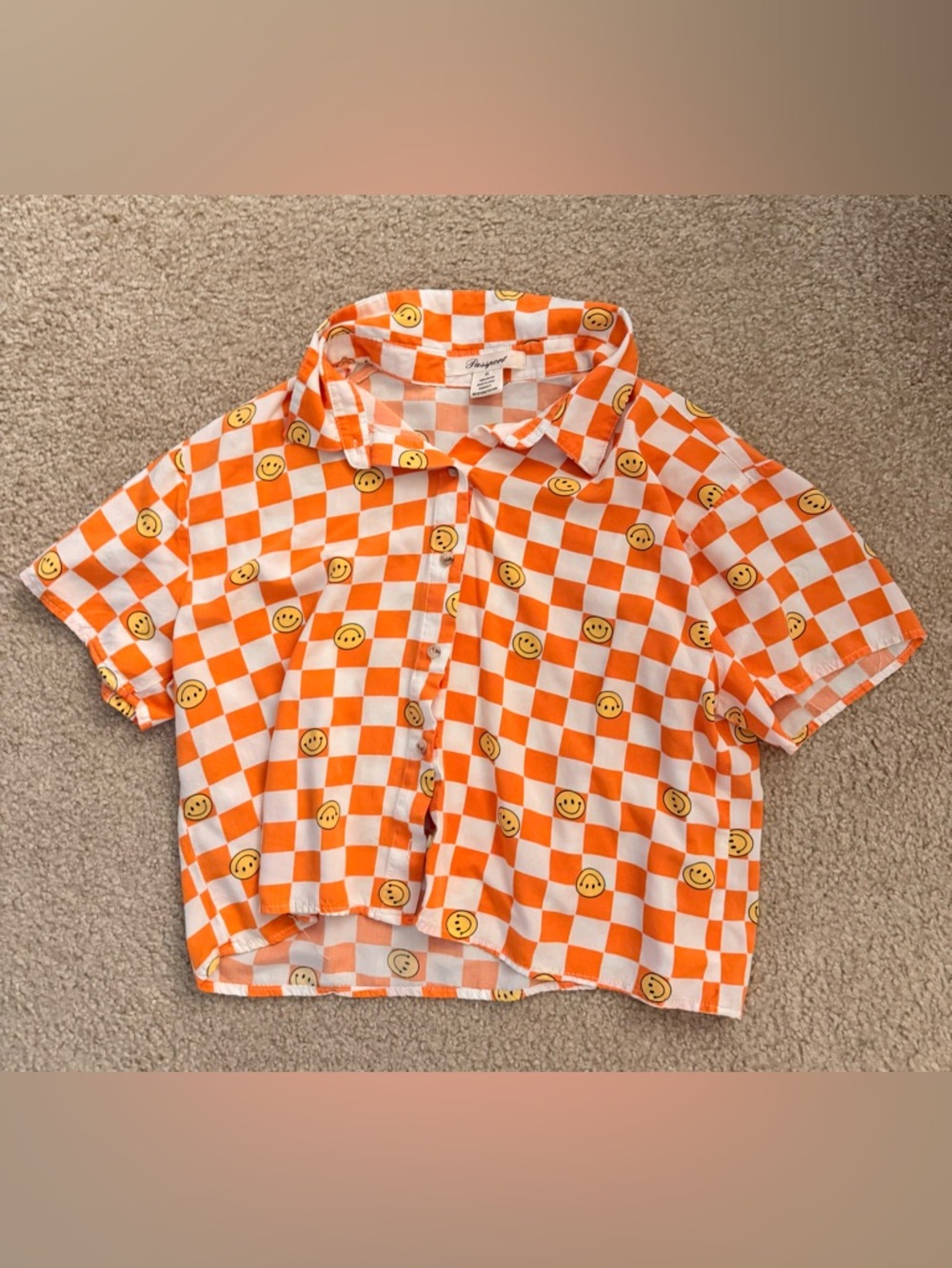 Passport orange checkered smiley face button down collared top